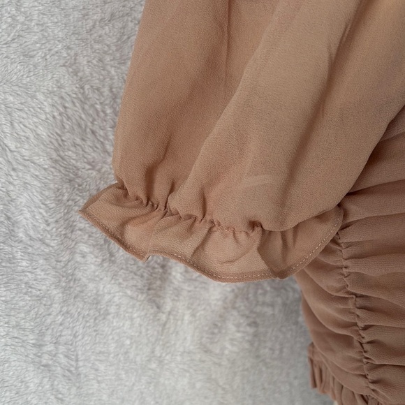 Ruched Crop Top Sheer Puff Sleeve‎ Ruffle Trim Tie Front Blouse - Picture 5 of 6